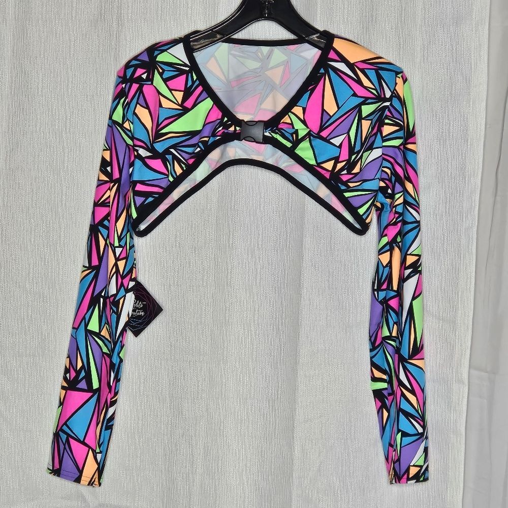 Rolita Couture Bold Colorful Neon Stained Glass Print Festival Buckle Crop Top - Picture 3 of 14